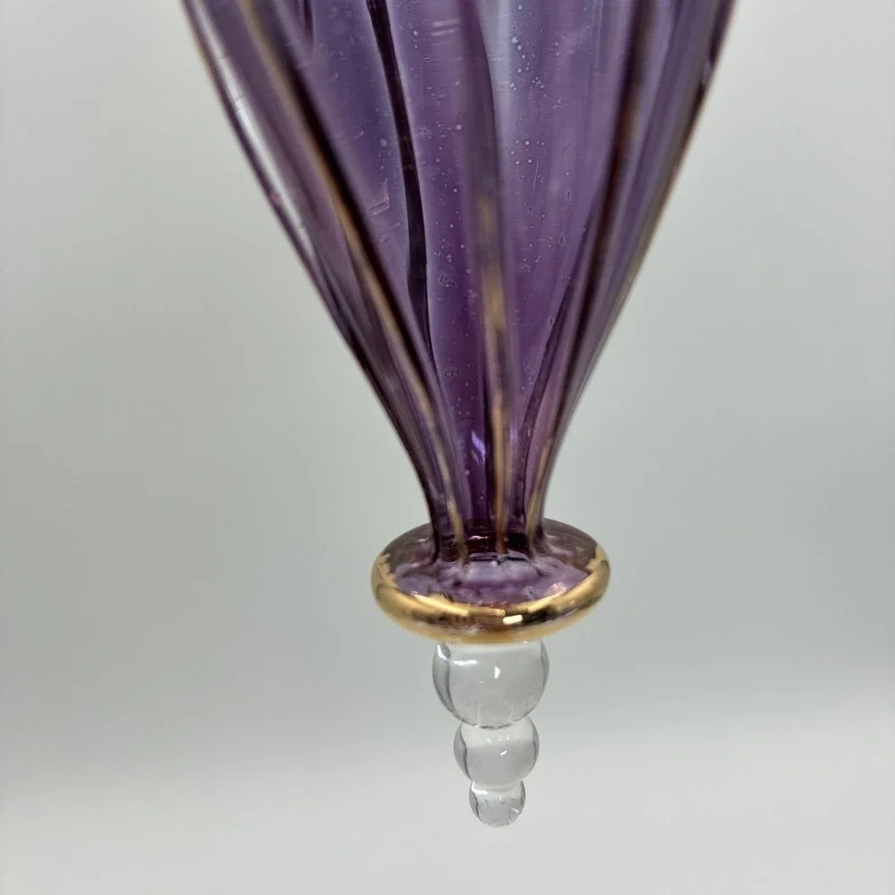 Purple Hand Blown Glass Ornaments Gold Filigree Teardrop Finial Set of 3 6
